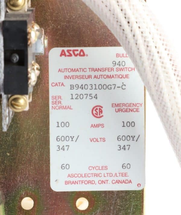 ASCO 940 Automatic Transfer Switch, 100Amp, 600Y/347VAC, B9403100G7-C