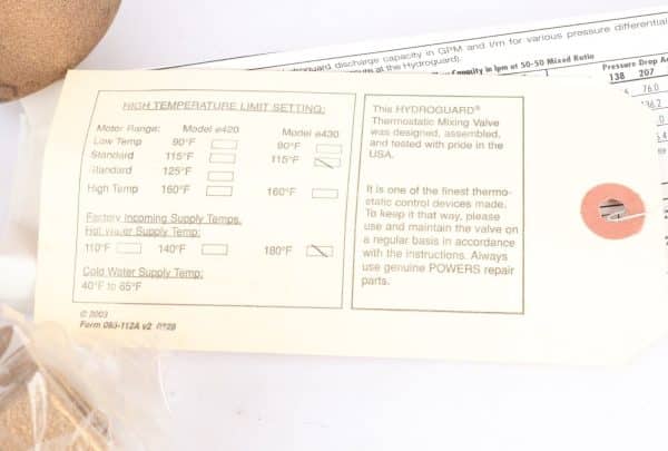 Watts Powers 430 Series Hydroguard e430 Thermostatic Mixing Valve, 40-160°F